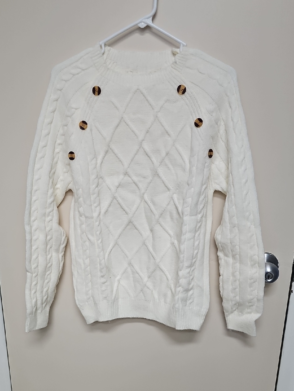 Women's Cream Cable-Knit Crewneck Sweater with Button Accents